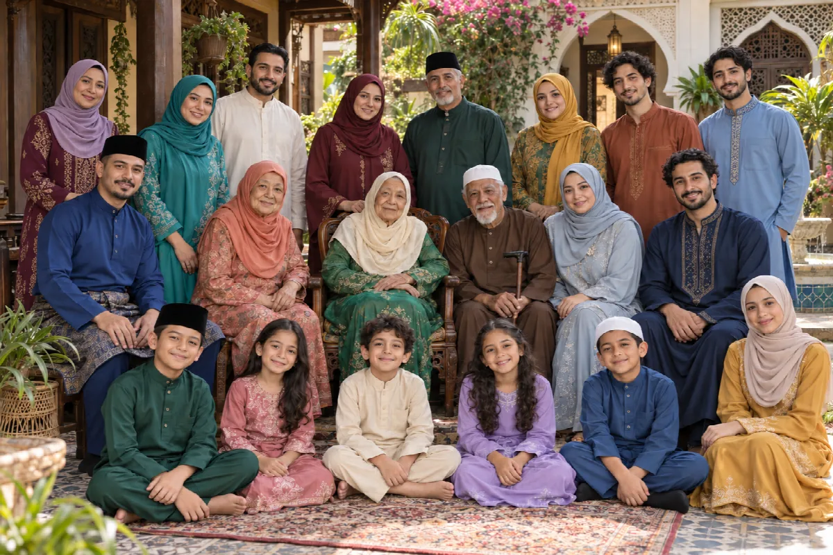 A family in robes and headscarves gathered in a tiled inner courtyard with a carved arch and a fountain