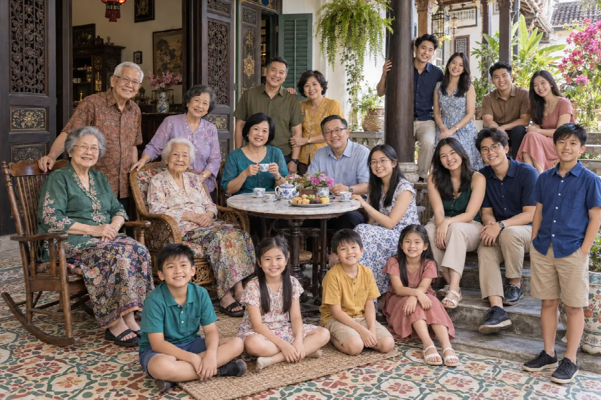 A multi-generation Chinese family around a tea table on the tiled veranda of a Peranakan shophouse