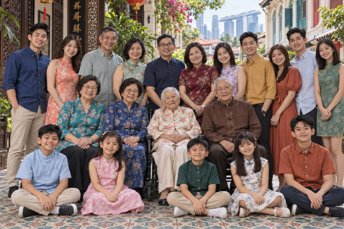 A multi-generation Chinese family in the courtyard of a Peranakan shophouse with a skyline behind them