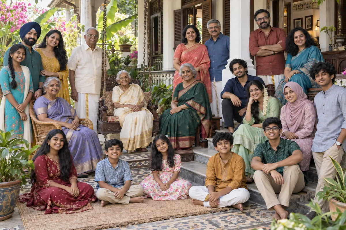A multi-generation family in saris and kurtas on the veranda of an old white-columned bungalow