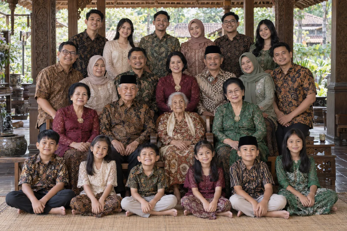An extended family in batik and kebaya gathered in a carved wooden pendopo