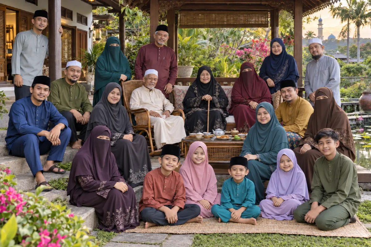 An extended family in baju Melayu and robes gathered in the yard, with a mosque dome visible across the pond