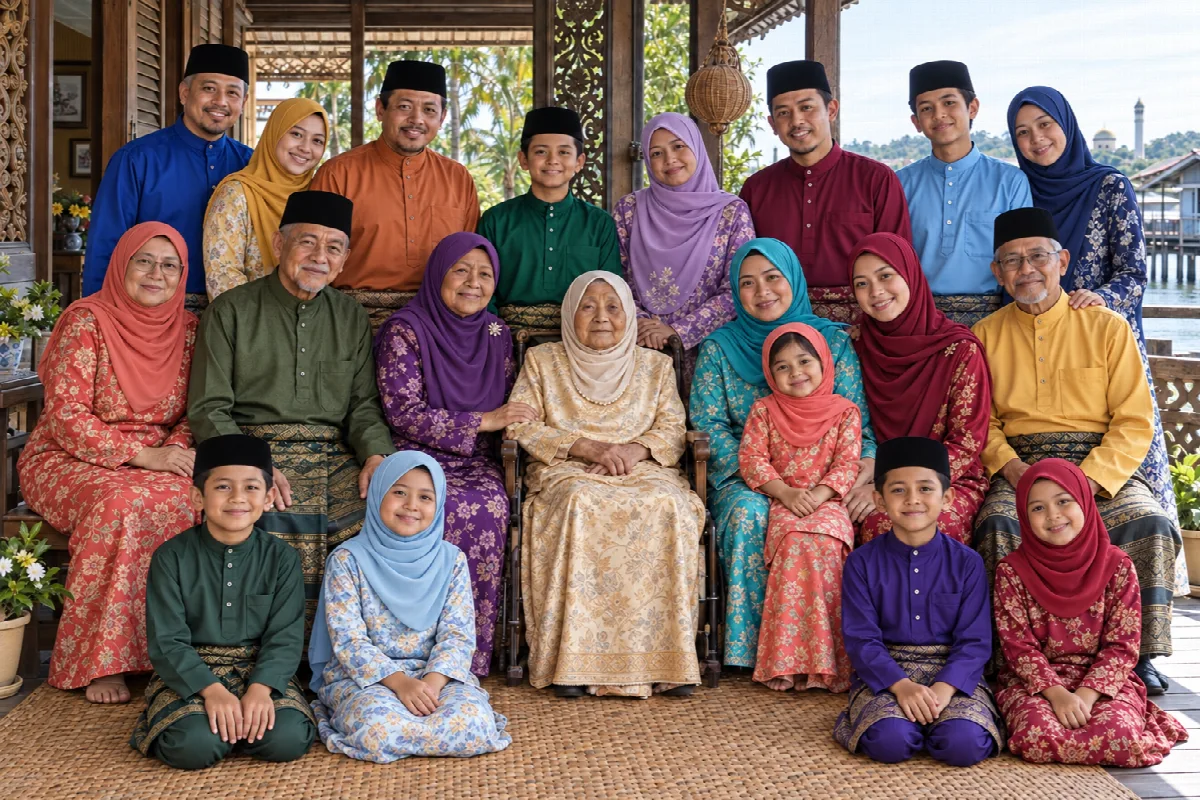Four generations of a Malay family in colourful baju kurung and baju Melayu on the veranda of a waterside village house