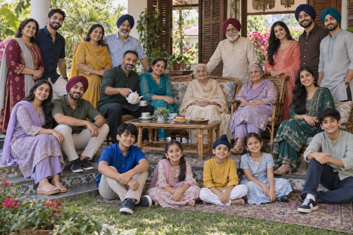 A family in turbans and kurtas gathered in a bungalow courtyard, some seated on a carpet