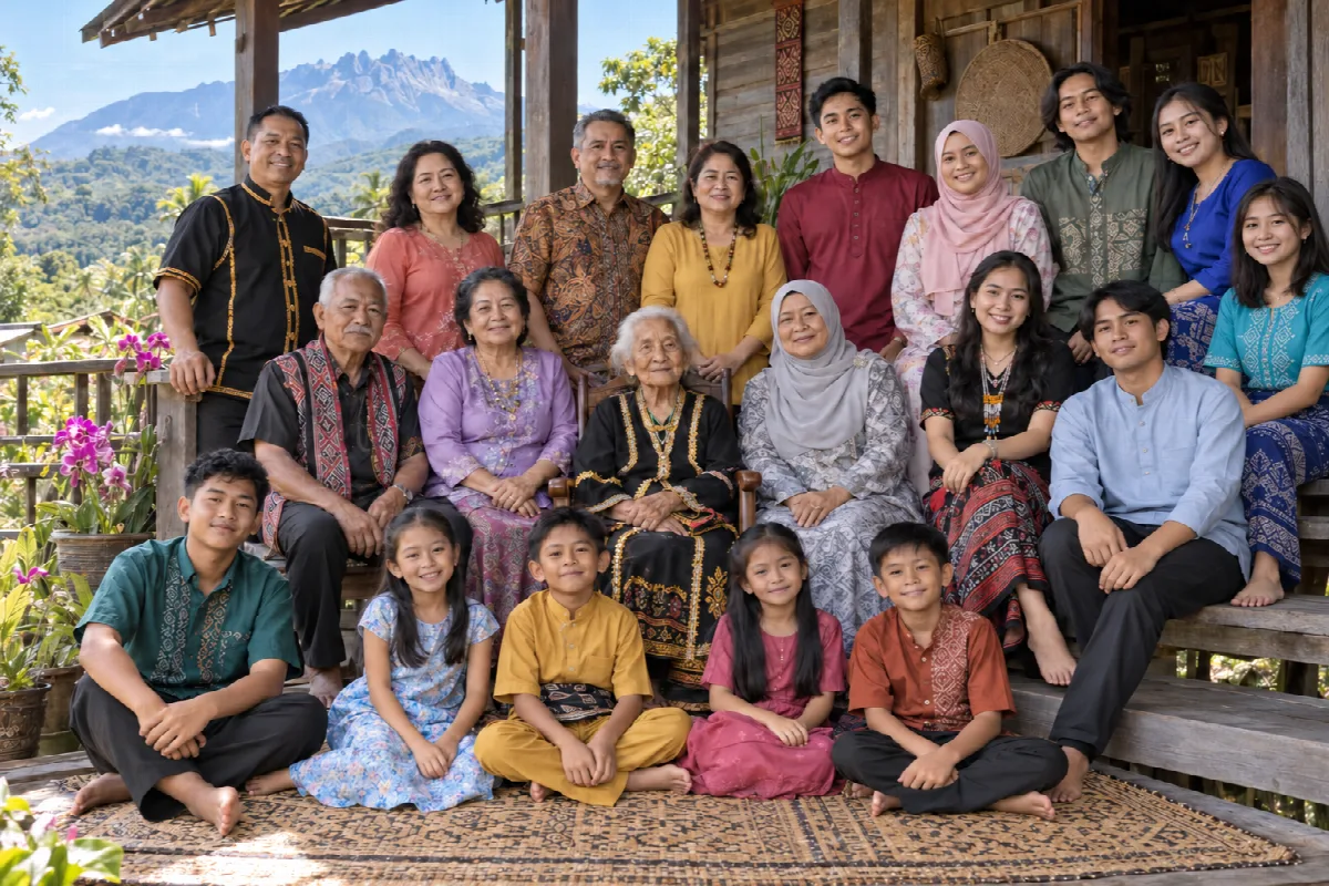 An extended family on the veranda of a wooden house with Mount Kinabalu behind them