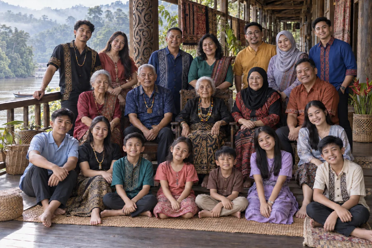 A multi-generation family in ikat-patterned dress seated in the common gallery of a longhouse facing the river
