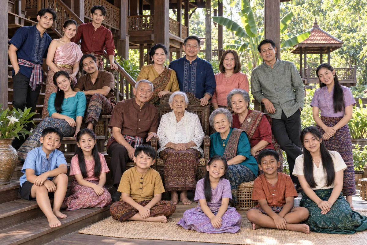 A multi-generation family in Thai silk seated on the steps of a stilt house